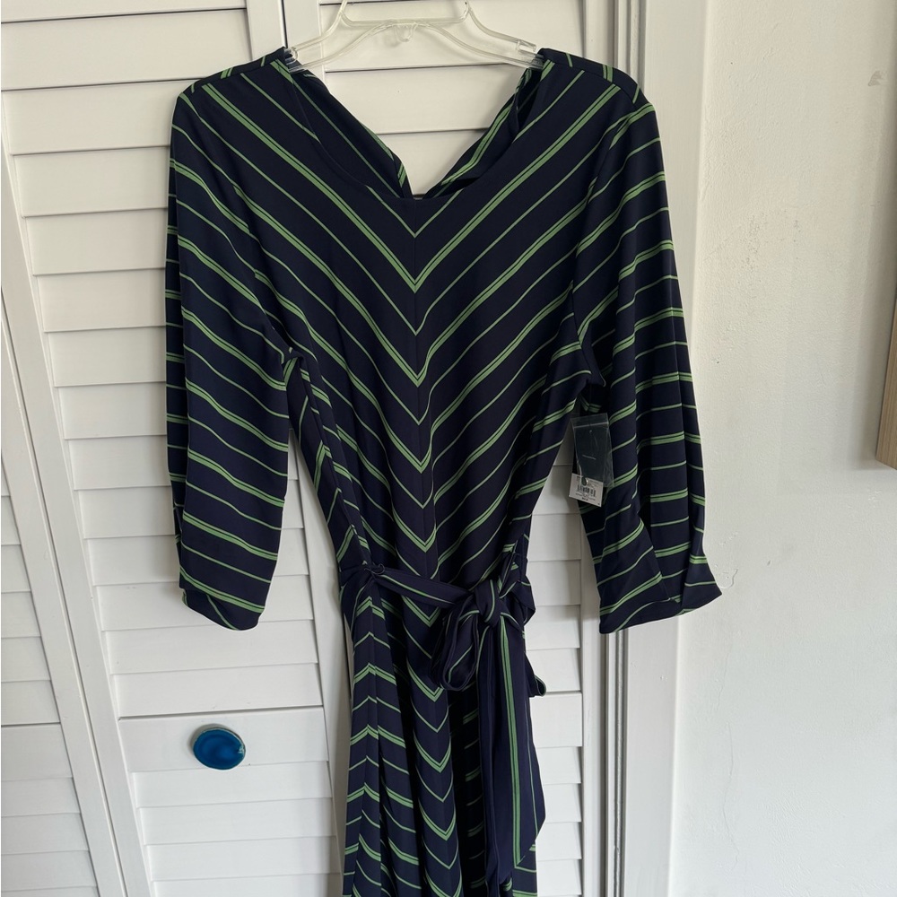 Ladies Nine West Navy with Green pin stripe middie dress